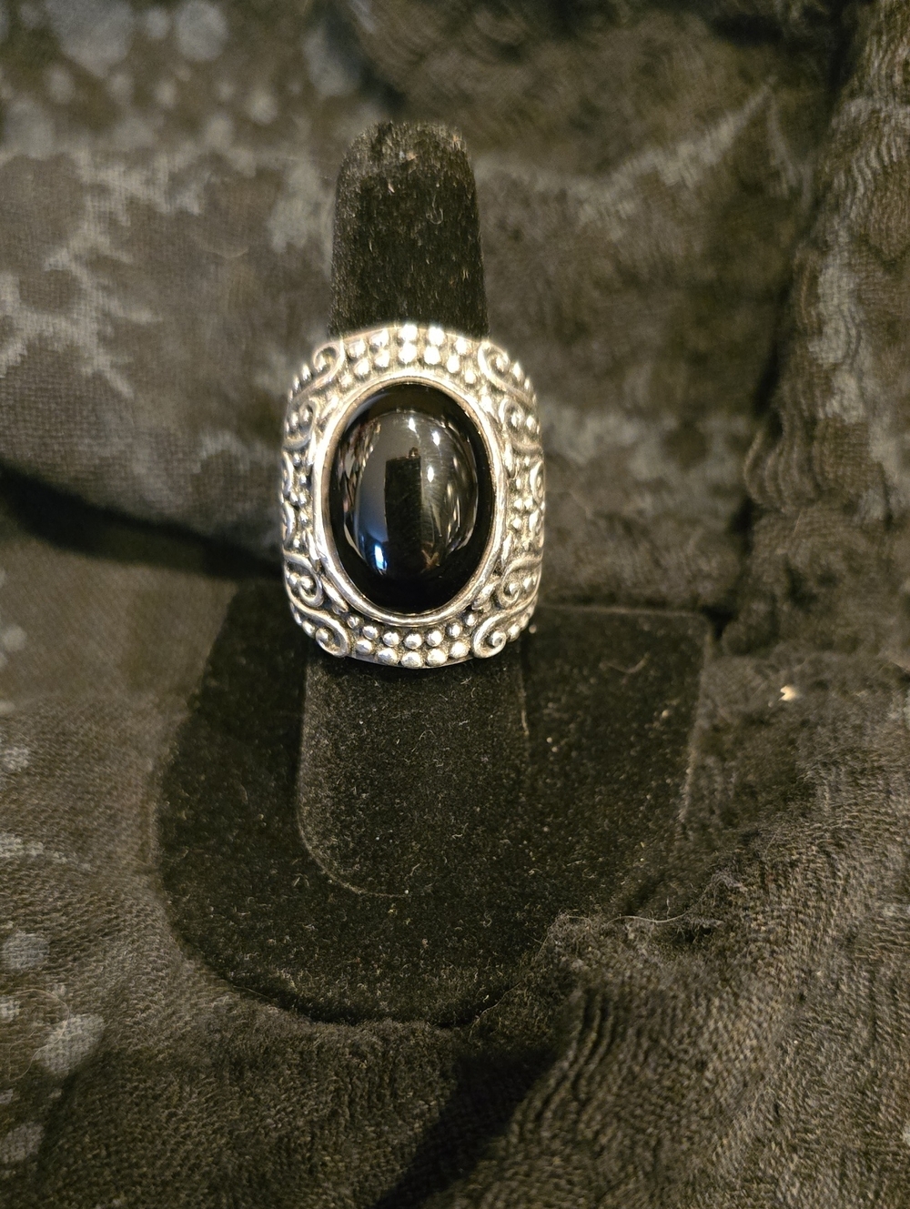 Black Onyx Cabochon Silver Statement Ring - Size 7.5